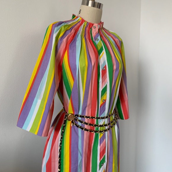 Vintage Rainbow Striped 1970s Smocked Dress - Picture 3 of 7